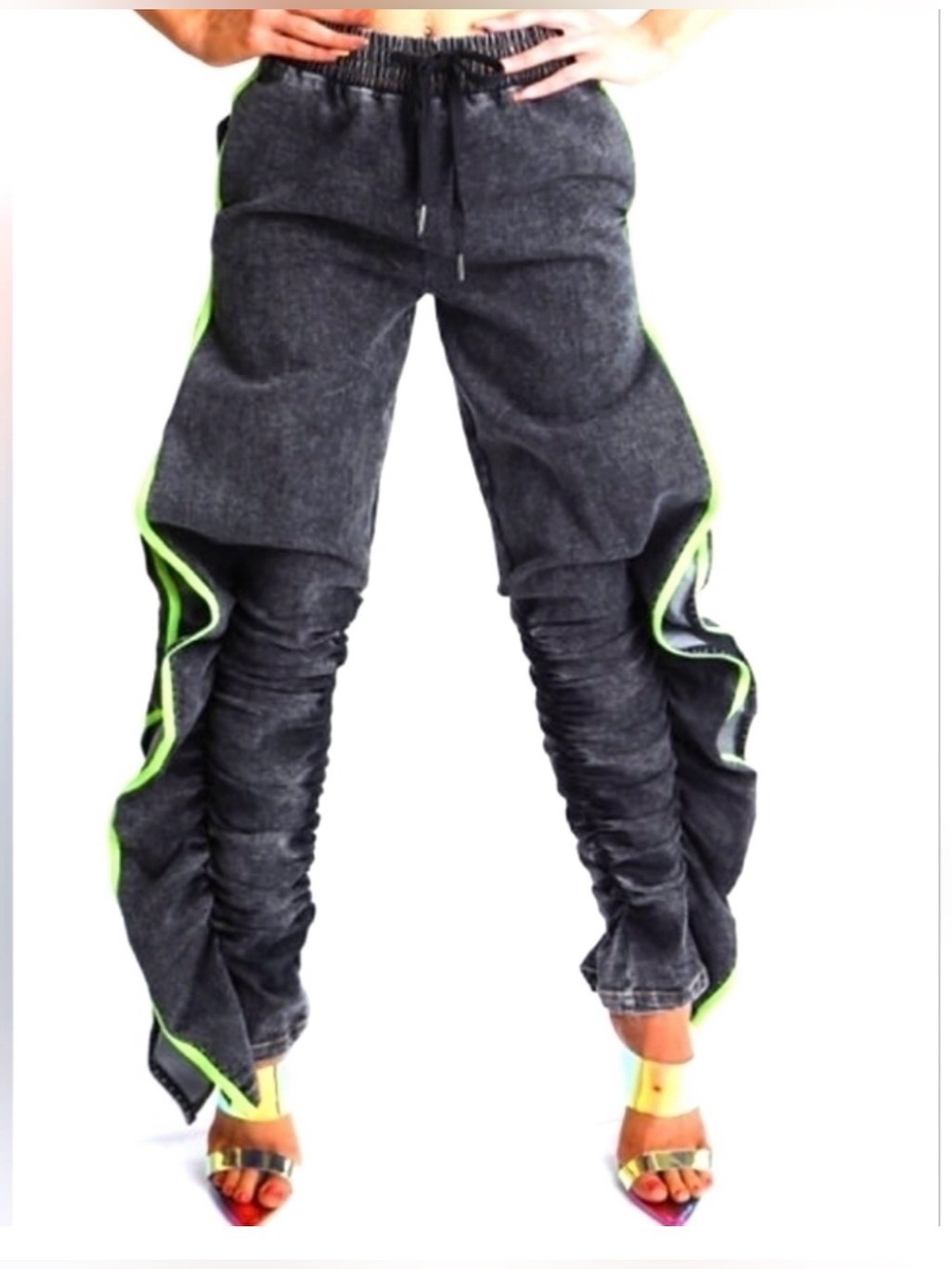 Ktoo Ruched Stacked Pants Medium Black Denim High Slit Neon Green Trim